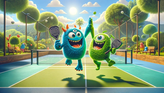 Two monsters play pickle ball on a Sunday showing a thing to do on a Sunday with friends