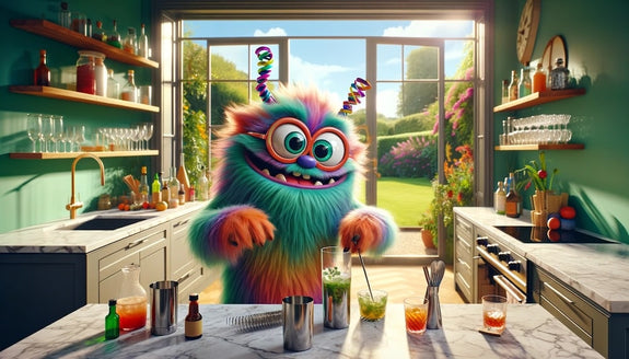 A Sunday Scaries monster makes a cocktail showing one of the things to do on a Sunday