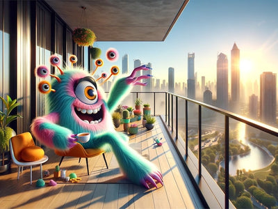 A monster sits on the balcony of its apartment drinking tea and showing things to do on a Sunday morning