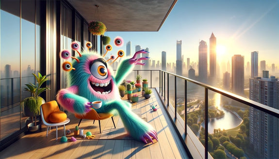 A monster sits on the balcony of its apartment drinking tea and showing things to do on a Sunday morning