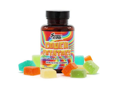 A bottle of Couch Potatoes delta-9 gummies showing what THC gummies are