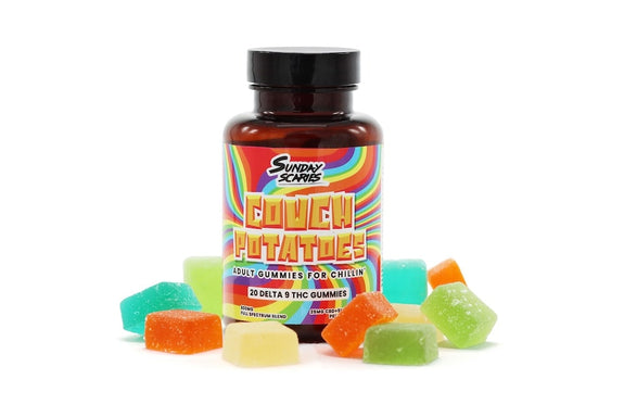 A bottle of Couch Potatoes delta-9 gummies showing what THC gummies are