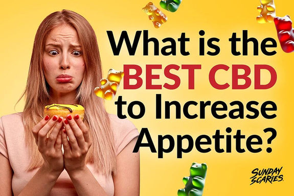 A woman looks at and questions a donut with floating CBD gummy bears around it wondering what the best CBD is to increase appetite