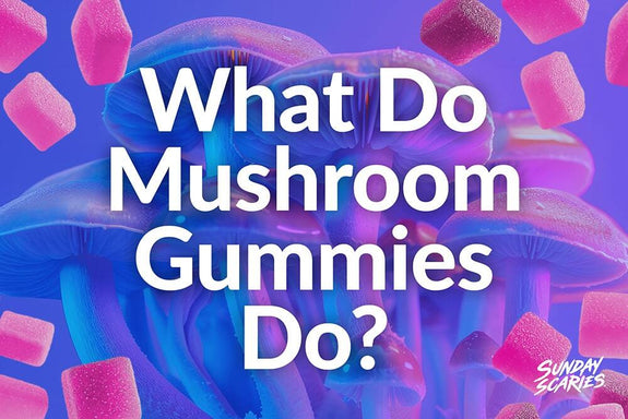 Gummies with a mushroom cluster behind them showing what mushroom gummies do