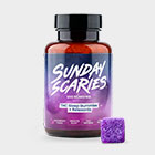 The Sunday Scaries THC Gummies for Sleep bottle with a purple gummy next to it