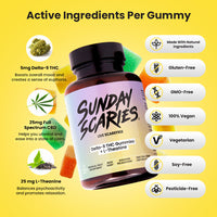 A bottle of Sunday Scaries 5 mg THC gummies with callouts such as 