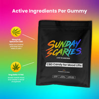 Black bag of 'Sunday Scaries' CBD candy with colorful text and active ingredients per candy