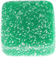 A bluish green delta-9 square gummy with sugar coating