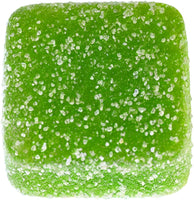 A lime green delta-9 square gummy with sugar coating