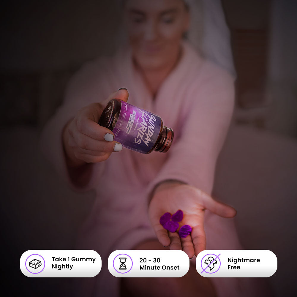 A woman in a robe pours purple gummies out of the Sunday Scaries bottle with product call out icons