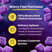 The Sunday Scaries worry free purchase showing 100% money back guarantee, delivery options and human customer service with purple gummies on the background