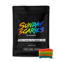 A black resealable pouch with the brand name 'Sunday Scaries' and the product name 'CBD Candy for Mood Lifts'. The pouch is adorned with a colorful, playful font and an image of a colorful gummy candy in a separate, transparent container.