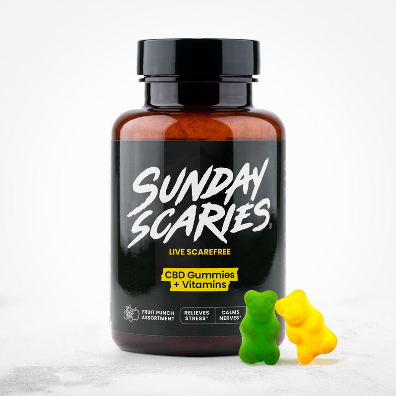 A 20-count bottle of Sunday Scaries CBD Gummies with tropical flavors and 10mg CBD per gummy