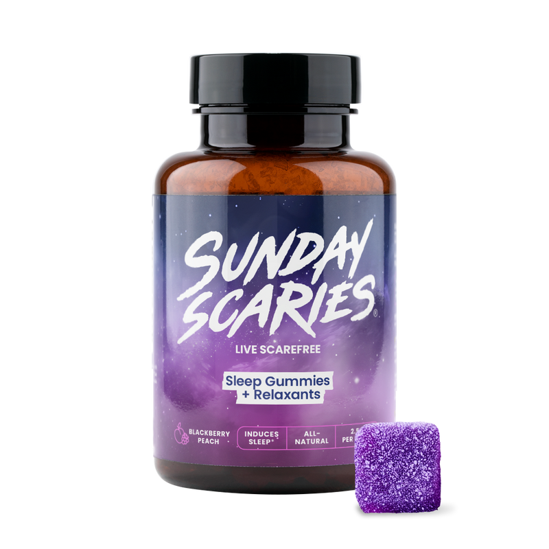 The Sunday Scaries THC Gummies for Sleep bottle with a purple gummy next to it