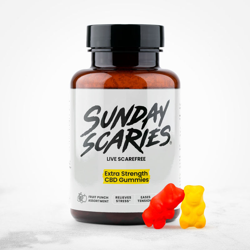 A 20-count bottle of Sunday Scaries Extra Strength CBD Gummies with tropical flavors and 25mg CBD per gummy