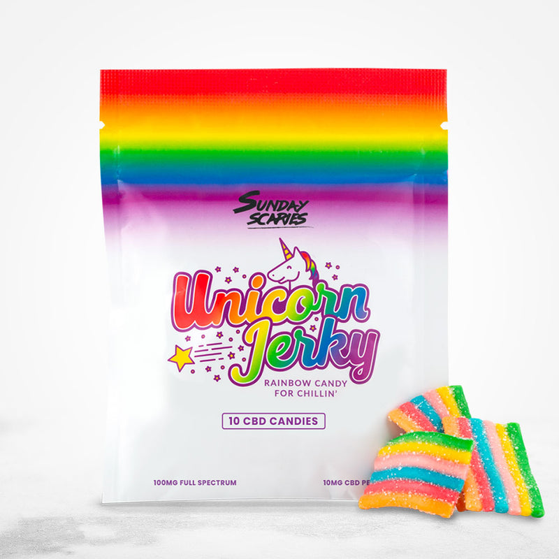 A 10-count pouch of Sunday Scaries Unicorn Jerky CBD candy with rainbow flavor and 10mg CBD per piece