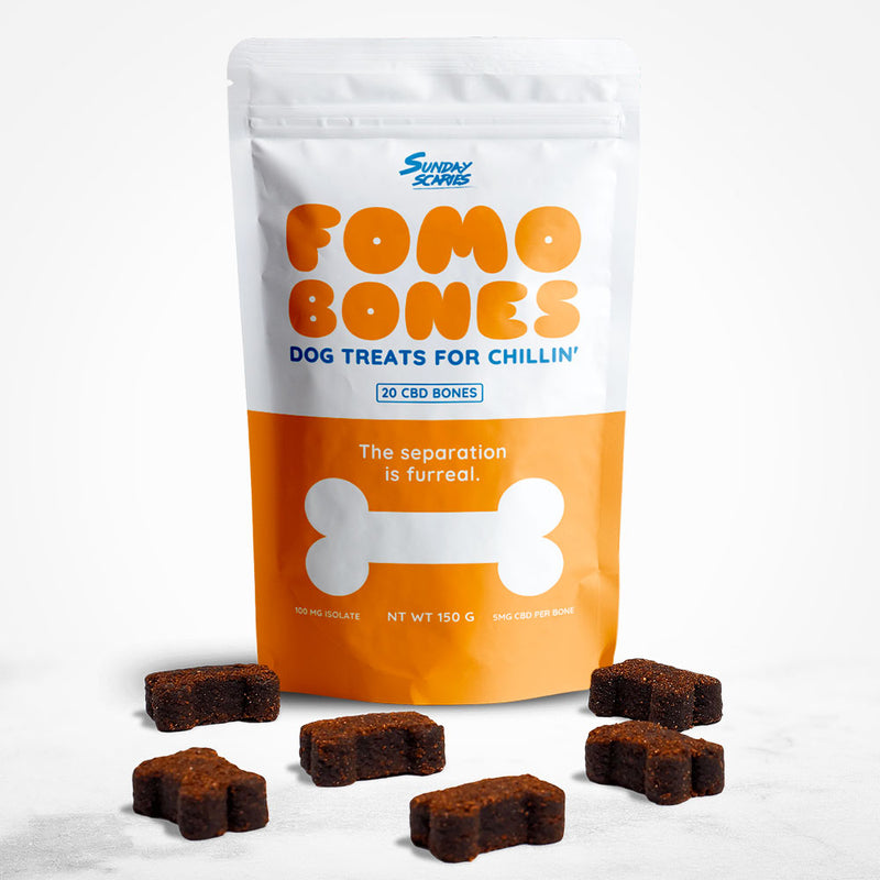 A 20-count pouch of Sunday Scaries FOMO Bones CBD dog treats with bacon flavor and 5mg CBD per bone