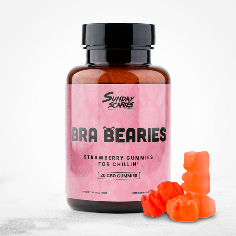 A 20-count bottle of Sunday Scaries Bra Bearies CBD Gummies with strawberry flavor and 10mg CBD per gummy