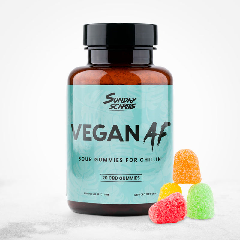 A 20-count bottle of Vegan AF, Sunday Scaries Vegan CBD Gummies with fruity flavors and 10mg CBD per gummy