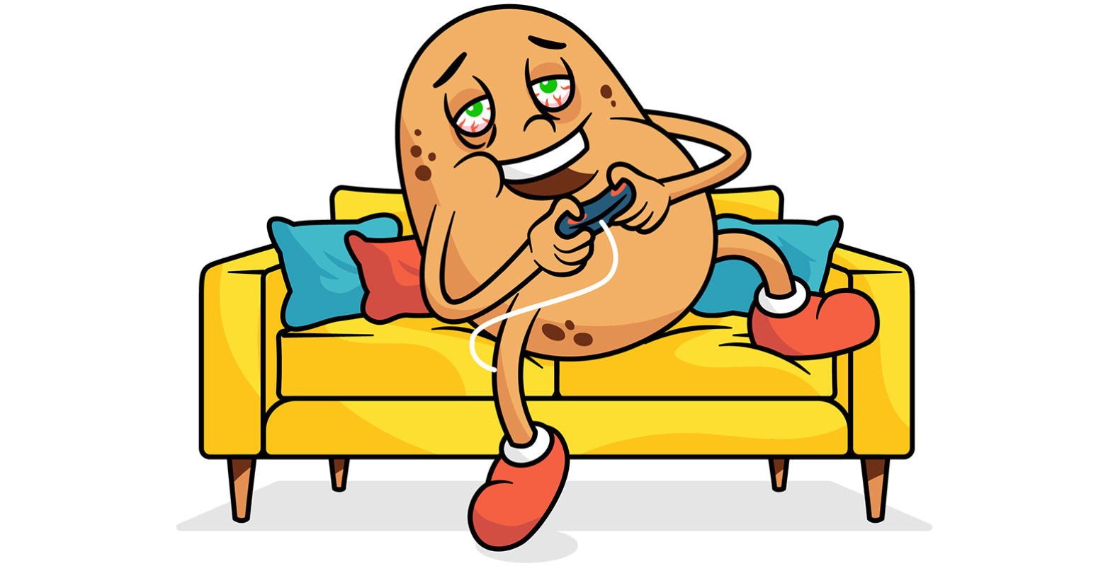A cartoon drawing of a couch potato looking 