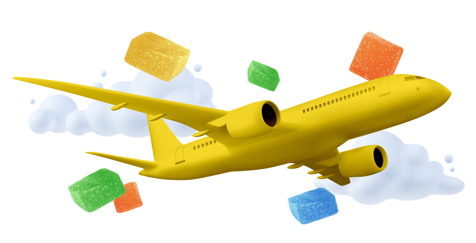 An image of a cartoon yellow airplane with clouds and THC gummies surrounding it
