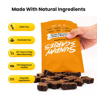 A hand dumps out a bag of Sunday Scaries calm dog treats. 