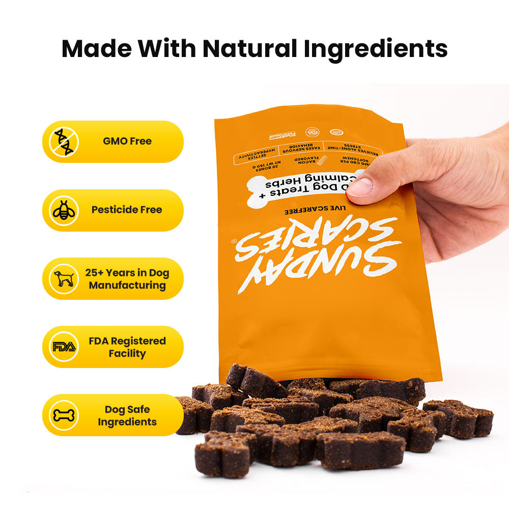 A hand dumps out a bag of Sunday Scaries calm dog treats. 