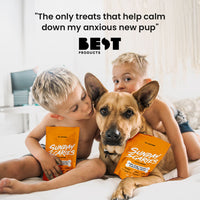 Two young boys hang with their dog on the bed with a quote from Best Products that says: 