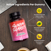 A bottle of Sunday Scaries CBD focus gummies showing the active ingredients per gummy