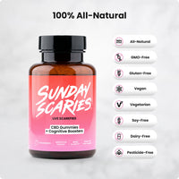 A bottle of Sunday Scaries CBD gummies for focus along with all of the product commitments including 100% all-natural