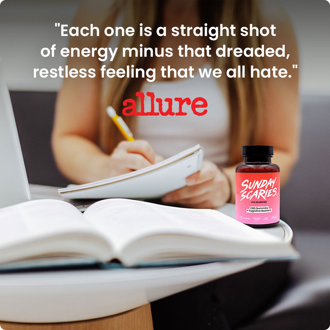 A woman studies in a library setting with a quote from Allure that reads "Each one is a straight shot of energy minus that dreaded, restless feeling we all hate."