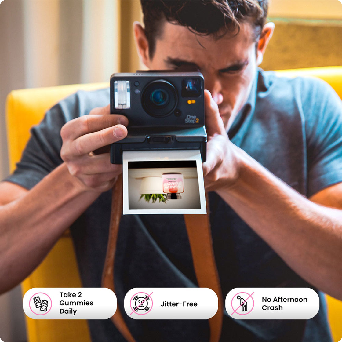 A man takes a picture of our CBD gummies for focus on a polaroid camera next to icons showing product call outs.