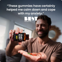 A man pouring out Sunday Scaries gummies with a quote from Best Products: 