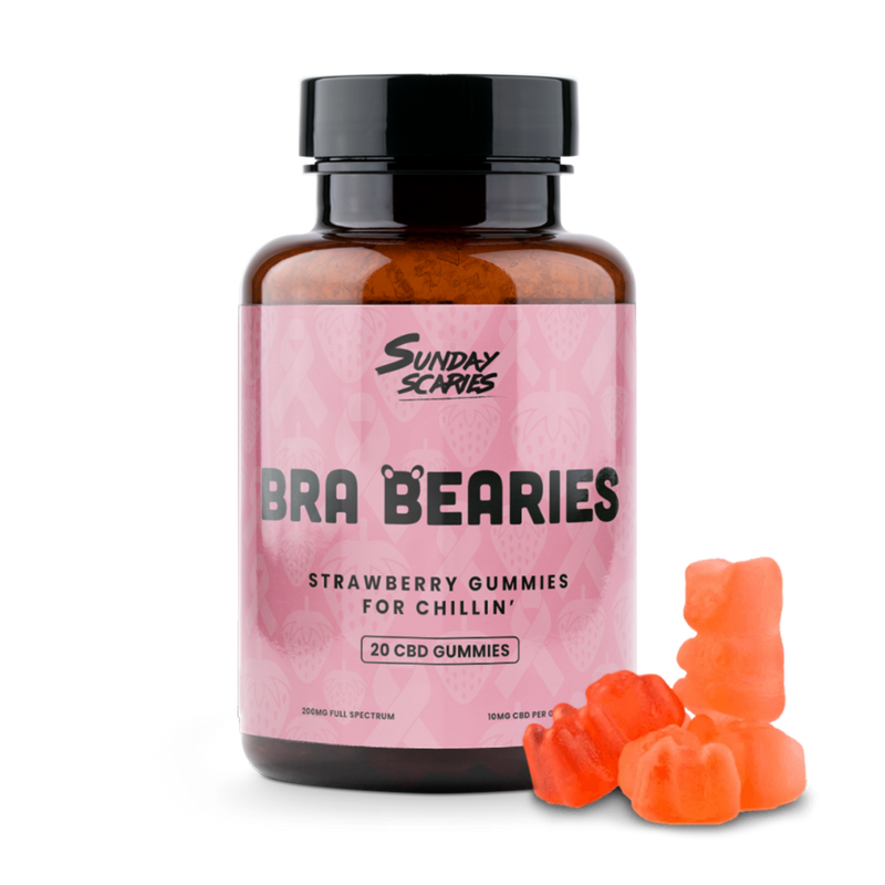 A 20-count bottle of Sunday Scaries Bra Bearies CBD Gummies with strawberry flavor and 10mg CBD per gummy