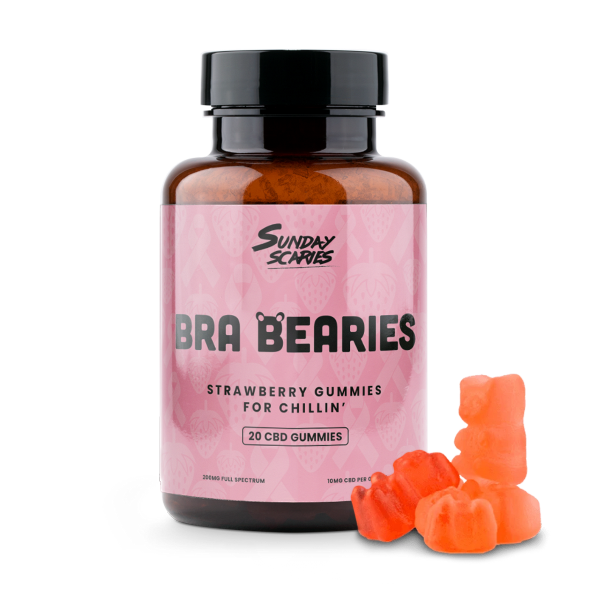 A 20-count bottle of Sunday Scaries Bra Bearies CBD Gummies with strawberry flavor and 10mg CBD per gummy