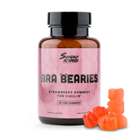 A 20-count bottle of Sunday Scaries Bra Bearies CBD Gummies with strawberry flavor and 10mg CBD per gummy