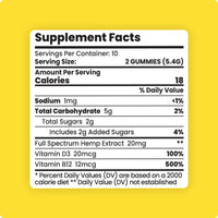 Sunday Scaries CBD Gummies supplement facts label on a yellow background