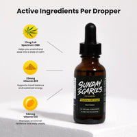 Bottle of Sunday Scaries CBD drops with active ingredients per dropper details on a white background