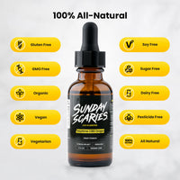 Bottle of Sunday Scaries CBD Drops with product commitments on a white background