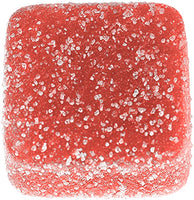 Red square vegan gummy with a sugary texture on a white background