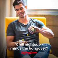 A guy pours delta-9 gummies in his hand with a Rolling Stone quote 