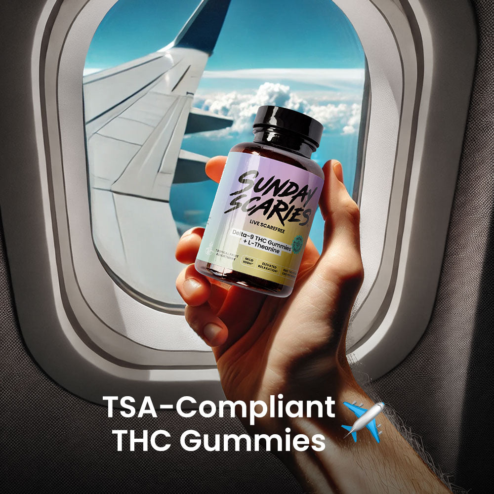 Holding up delta-9 gummies in an airplane window showing TSA compliance