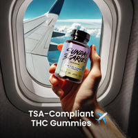 Holding up delta-9 gummies in an airplane window showing TSA compliance