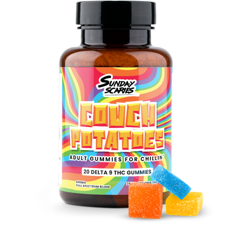 A bottle of delta-9 THC gummies called Couch Potatoes with 5mg Delta 9 per gummy