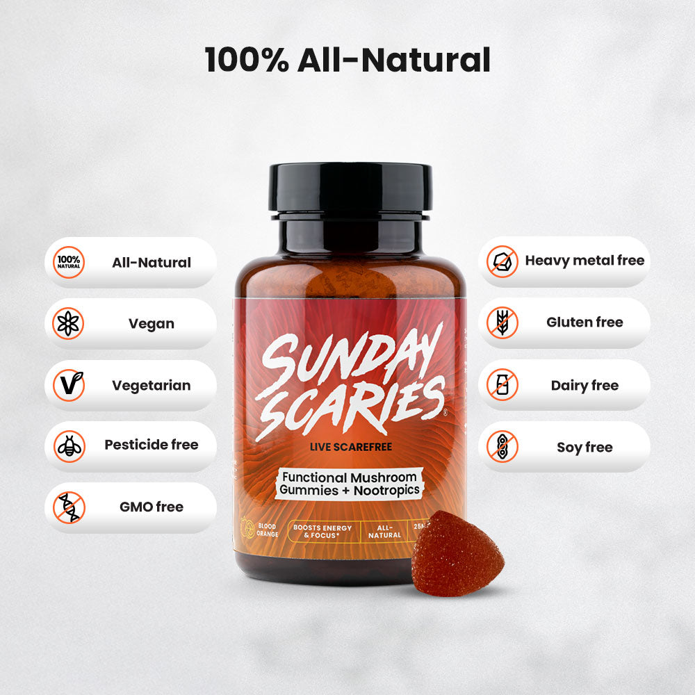 Sunday Scaries Mushroom Gummies for Focus bottle with a gummy