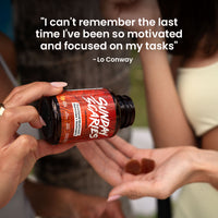 A woman shares Sunday Scaries mushroom gummies with a friend along with a quote from Lo Conway that reads 
