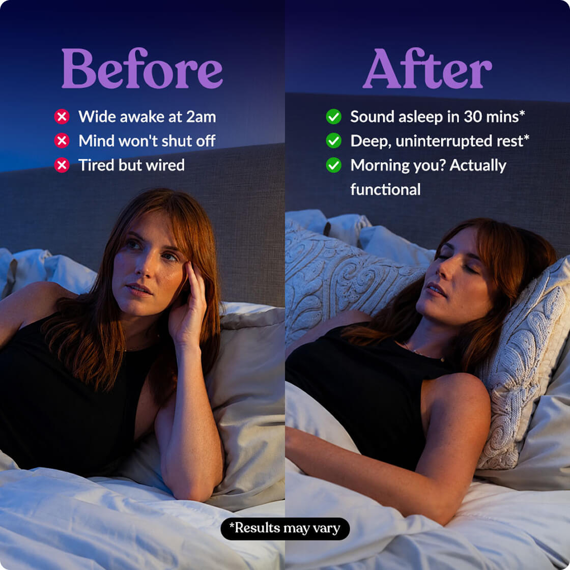A side-by-side before/after comparison showing a woman in bed. The left panel, labeled 'Before,' shows her awake and tired at 2 am with red checkmarks for sleep issues.