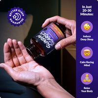 A person holds a bottle of Super Sleep capsules over their open palm, with a purple sidebar on the right listing benefits like inducing deep sleep and calming racing mind.