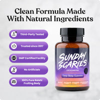 A bottle of Sunday Scaries Live Scarefree Deep Sleep Gummies shown next to five purple badges highlighting product features like third-party testing, GMP certification, and natural ingredients.