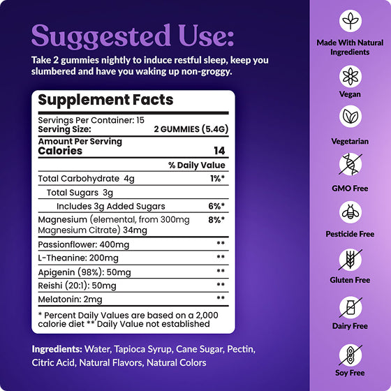 A supplement facts label for a gummy sleep aid product on a purple background, with suggested use text, a supplement facts panel, ingredient list, and a column of feature icons including vegan, vegetarian, gluten free, and soy free.